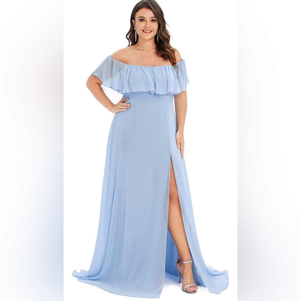 Blue Off Shoulder Side Split Chiffon Maxi Dress